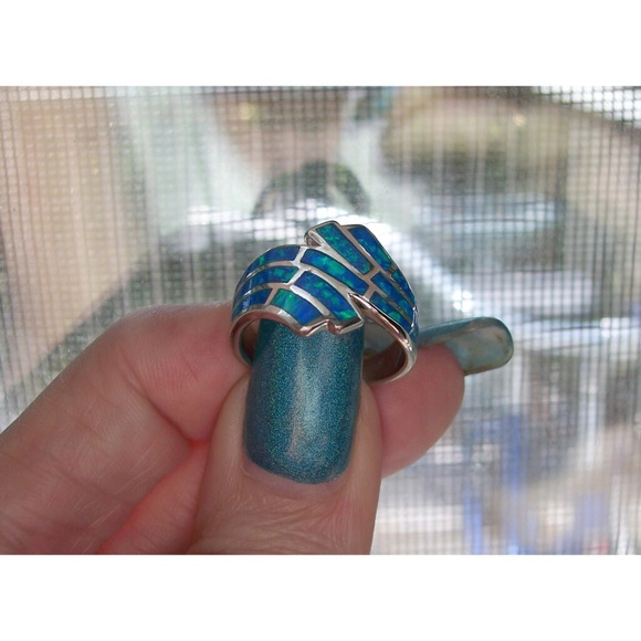 925 STERLING SILVER Lab Created Blue Fire Opal Wave Ring - Picture 7 of 16